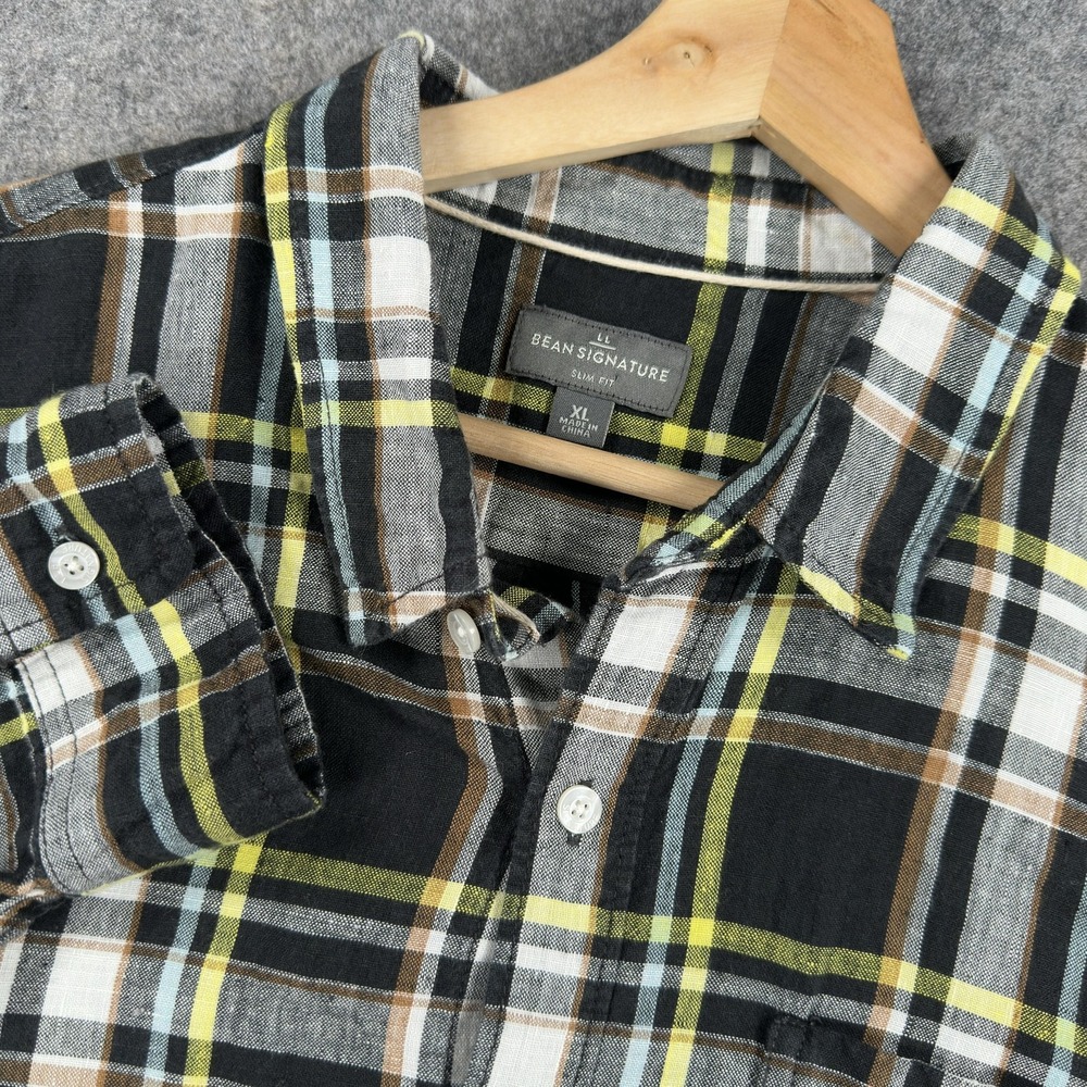 LL Bean Signature Shirt Mens XL‎ Black Plaid 100% Linen Slim Fit Long Sleeve